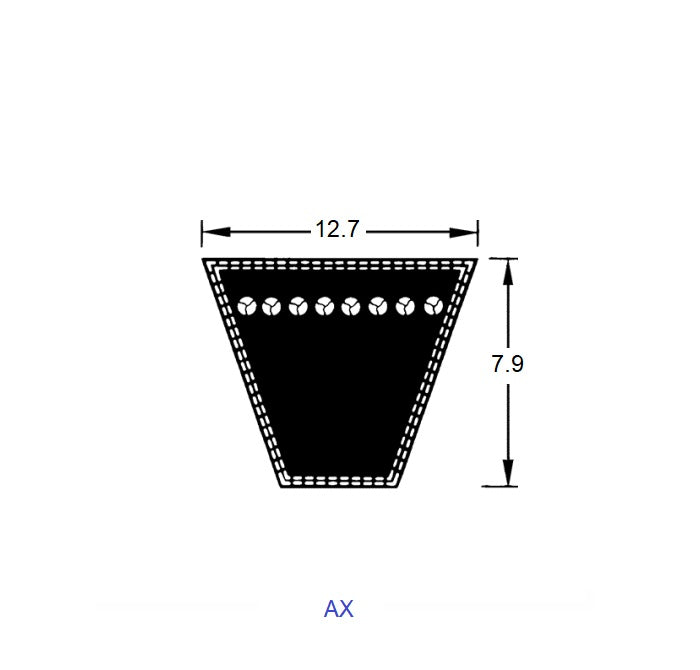 1218967 | BV12-00787-AX31 --- Vee Belts - 787.4 - 31.0 in. - mm - - - 12.7 x 7.9mm Notched AX - Natural Rubber - Raw Edge Belt