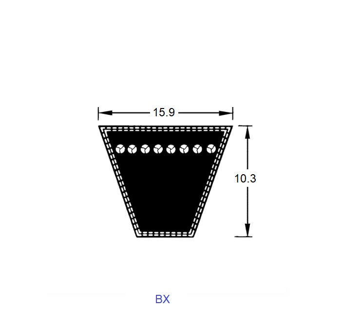 1221327 | BV16-03048-BX120 --- Vee Belts - 3048.0 - 120.0 in. - mm - - - 15.9 x 10.3mm Notched BX - Natural Rubber - Raw Edge Belt