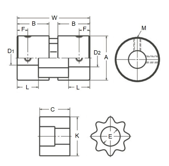 1070156 | CP-064-064-20-034-J-SPLN-X --- Spline Type Couplings - 6.35x6.35x20 mm Complete - Aluminium and Rubber Coupling