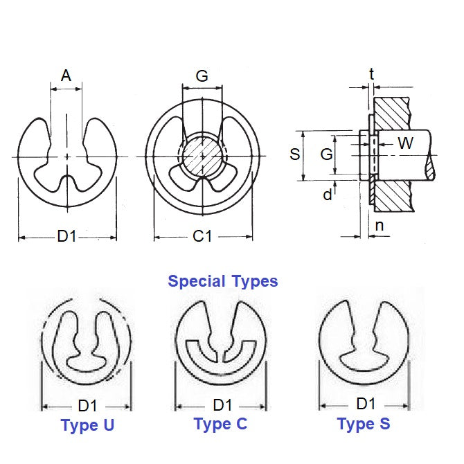 1043763 | ECL-0023-0030-C (100 Pcs) --- E-Clips Retaining Rings - 3x2.3x0.6 mm Basic - Carbon Steel E-Clip