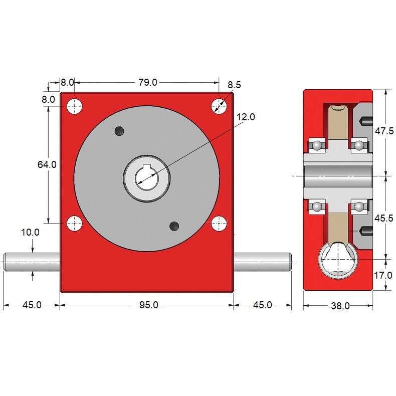 1097440 | P45-12 --- Cross Axis Gearboxes - Ratio 12 to 1 21°20 min 5 110 x 95 x 38mm - Steel Gearbox