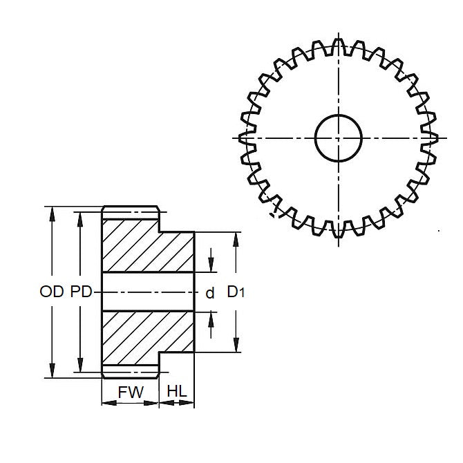1122477 | G021B-20-V24-064-064-C-N --- Spur Gears - 20 tooth - 21.16x6.35 mm - Carbon Steel