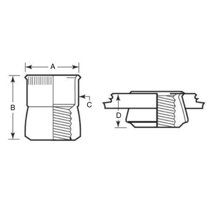1057117 | IN-RIV-048C-080-TS (100 Pcs) --- Rivet Nuts Inserts - 10-24 UNC - 4.76mm - 7.04x9.52 mm Klik - Steel - Cadmium Finish Insert