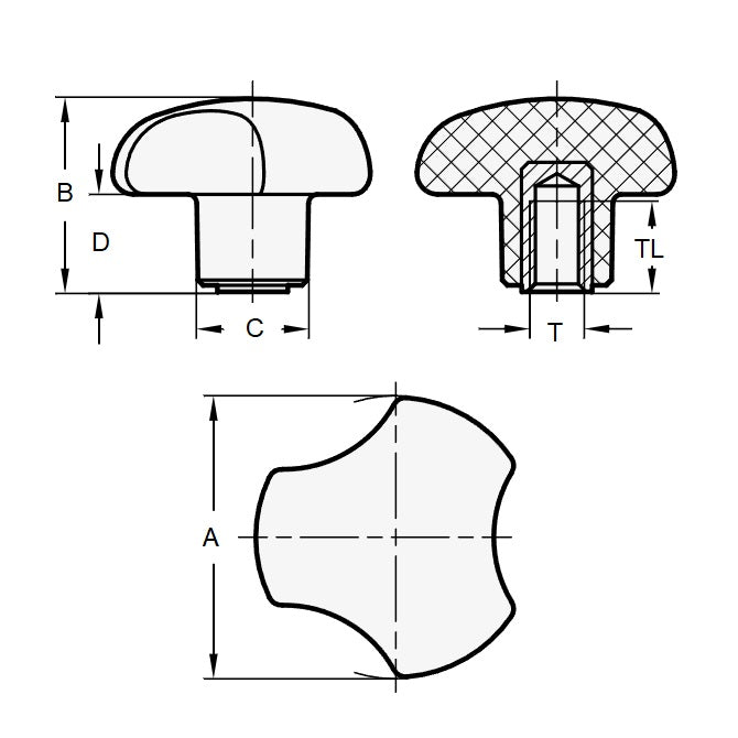1062520 | KF050M-025-3L (5 Pcs) --- Lobe Knobs - M5 - 5x0.8mm - 25x10 mm Three Lobe - Brass Knob