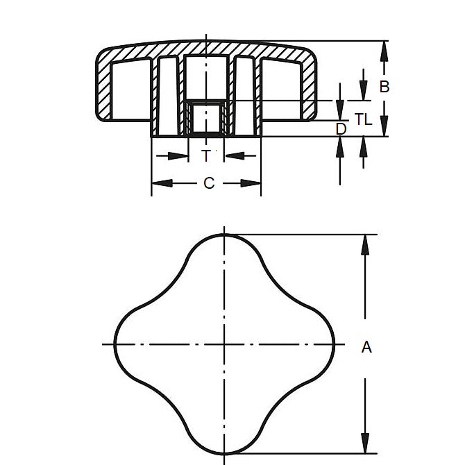 1072713 | KF064C-032-4L --- Lobe Knobs - 1/4-20 UNC - 6.35mm - 32x9.9 mm Four Lobe - Brass Knob