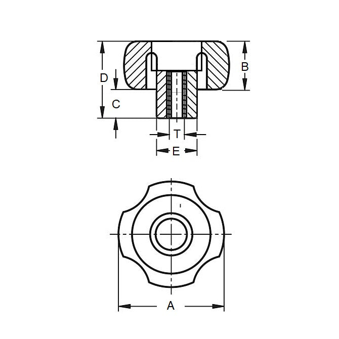 1059275 | KF048F-020-4L-P --- Lobe Knobs - 10-32 UNF - 4.76mm - 20.07x7.1 mm Four Lobe - Brass Knob