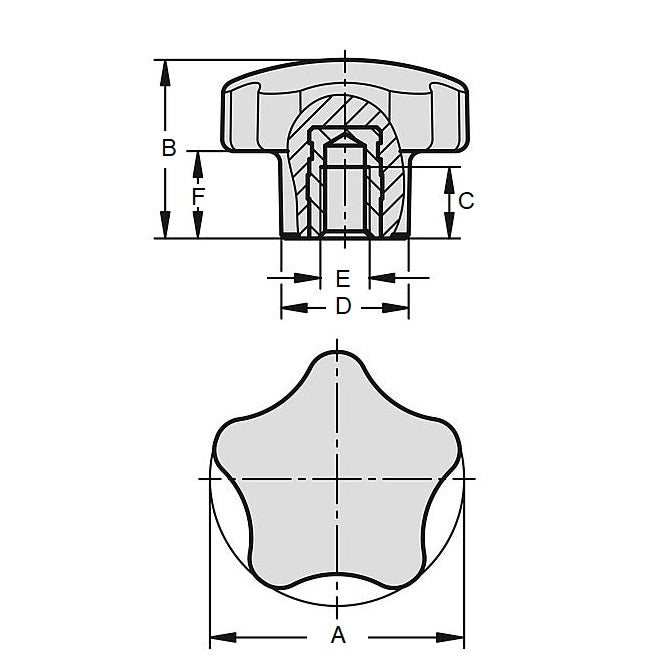 1077289 | KF079C-040-5L-BR18 --- Lobe Knobs - 5/16-18 UNC - 7.94mm - 39.88x18 mm Five Lobe - Brass Knob
