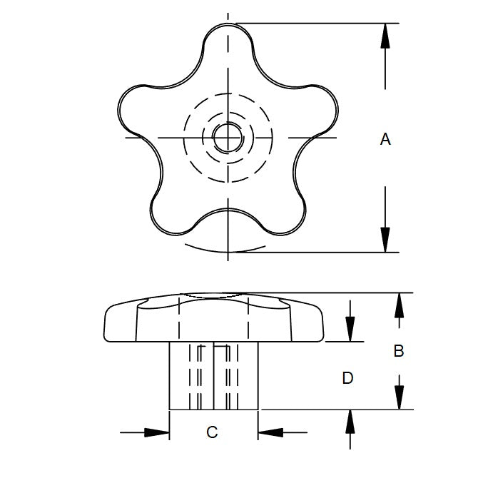1086869 | KF095C-057-5L-PA --- Lobe Knobs - 3/8-16 UNC - 9.53mm - 57.15x25.4 mm Five Lobe - Steel with Knob Lock