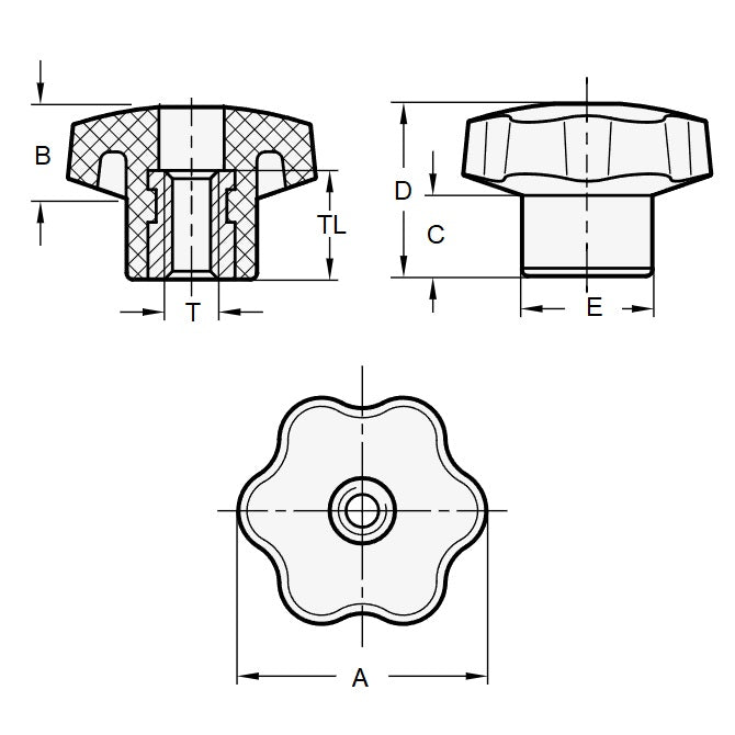 1067746 | KF060M-030-6L-PBR --- Lobe Knobs - M6 - 6x1mm - 30x18 mm Six Lobe - Brass Knob