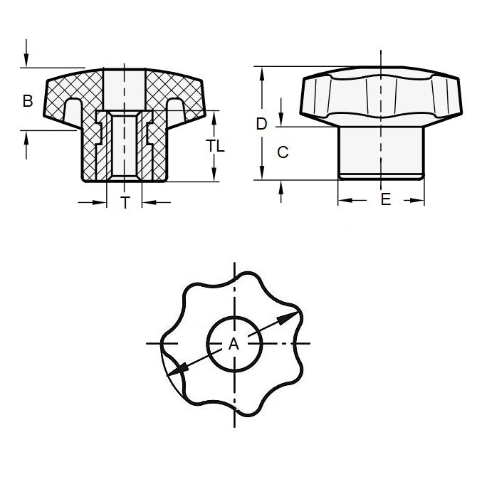 1226165 | KF100M-040-7L-P --- Lobe Knobs - M10 - 10x1.5mm - 40x25 mm Seven Lobe - Brass Knob