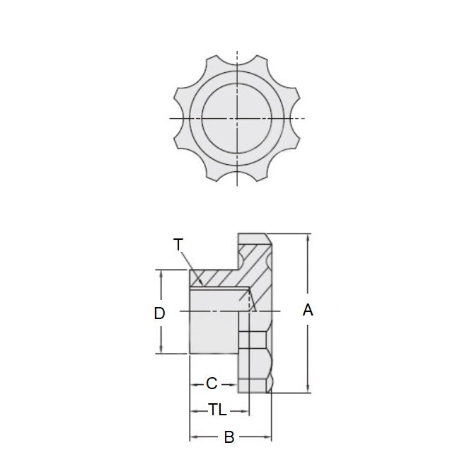 1092104 | KF100M-040-8L --- Lobe Knobs - M10 - 10x1.5mm - 40x17 mm Eight Lobe - Phenolic and Brass Knob