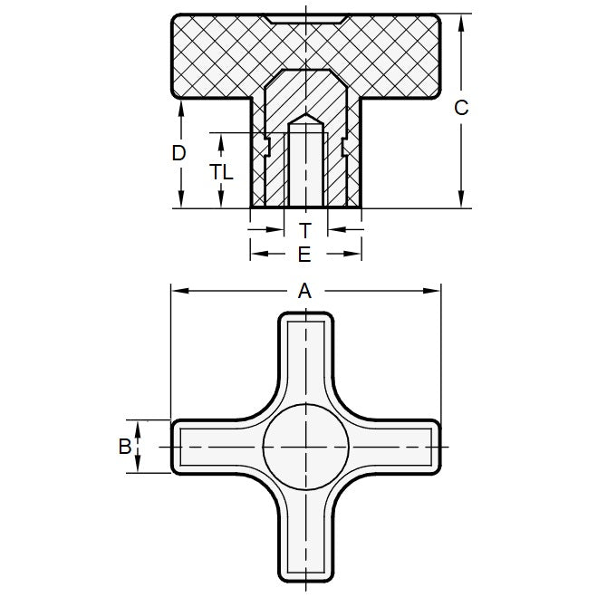 1059365 | KF048F-032-CB (500 Pcs) --- Cross Knobs - 10-32 UNF - 4.76mm - 31.75x7.9 mm Female - Brass Knob