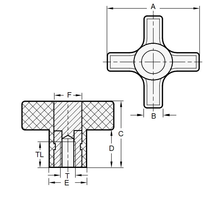 1092199 | KF100M-044-CH --- Cross Knobs - M10 - 10x1.5mm - 44.45x15.9 mm Female - Brass Knob