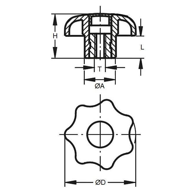 1062516 | KF050M-025-STRF-PL --- Star Knobs - M5 - 5x0.8mm - 25x9 mm Female Plastic - Plastic Knob