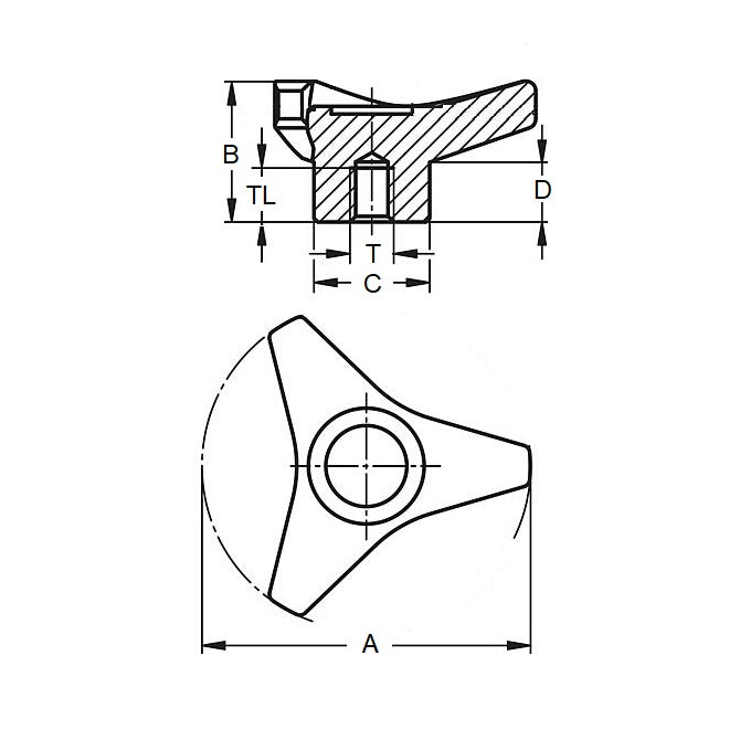 1226809 | KF120M-100-3LA (4 Pcs) --- Lobe Knobs - M12 - 12x1.75mm - 100x21 mm Three Lobe - Brass Knob