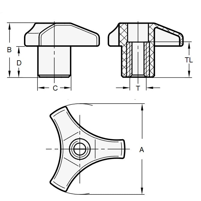 1072984 | KF064C-044-TRI-PFKLK --- Tri Knobs - 1/4-20 UNC - 6.35mm - 44.45 - - Through Hole - Steel Knob