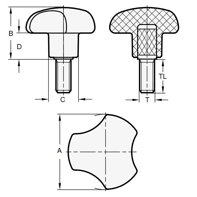 1077295 | KM079C-040-3LL --- Lobe Knobs - 5/16-18 UNC - 7.94mm - 39.88x38.1 mm Three Lobe - Plated Steel Knob