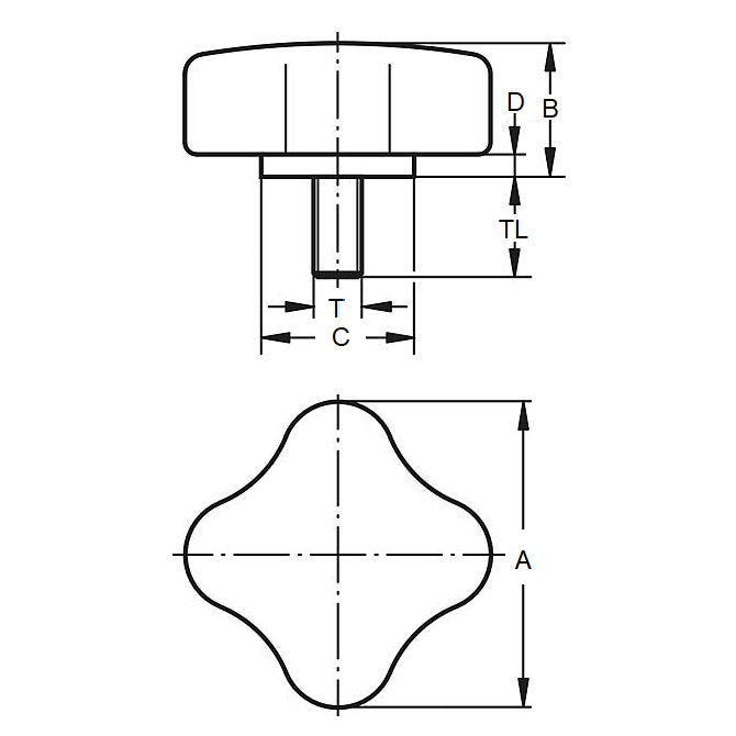 1057425 | KM048C-020-4L19 --- Lobe Knobs - 10-24 UNC - 4.76mm - 20.07x19.1 mm Four Lobe - Plated Steel Knob
