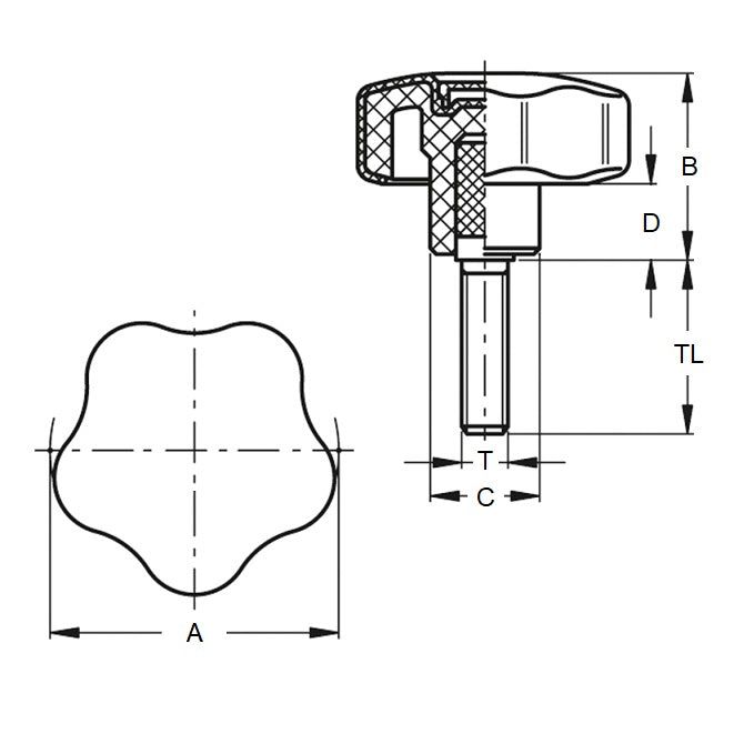 1081700 | KM080M-032-5L24 --- Lobe Knobs - M8 - 8x1.25mm - 32x24 mm Five Lobe - Steel Knob
