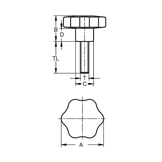 1036316 | KM000-129-6L34-ST --- Lobe Knobs - Solid 128.78x34 mm Six Lobe - Steel Knob