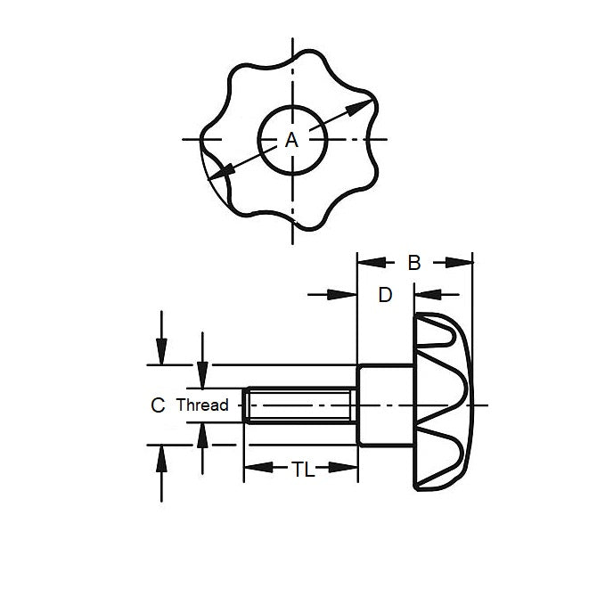 1059291 | KM048F025-7L10-ST (5 Pcs) --- Lobe Knobs - 10-32 UNF - 4.76mm - 25x10 mm Seven Lobe - Plated Steel Knob