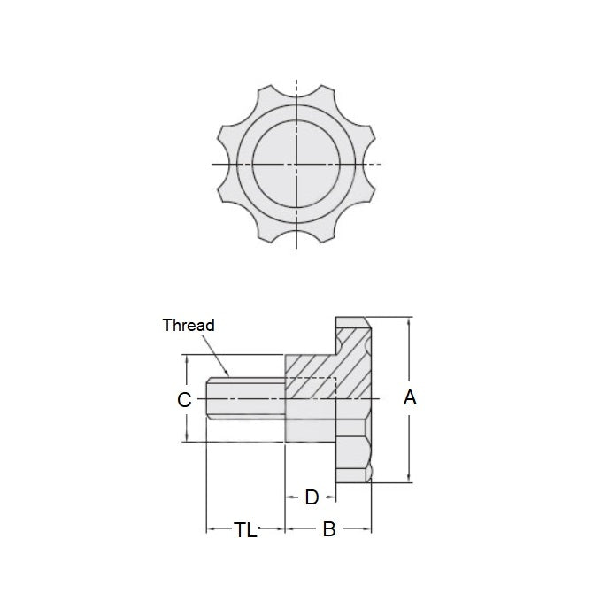 1098558 | KM120M-050-8L15 --- Lobe Knobs - M12 - 12x1.75mm - 50x15 mm Eight Lobe - Phenolic and Brass Knob