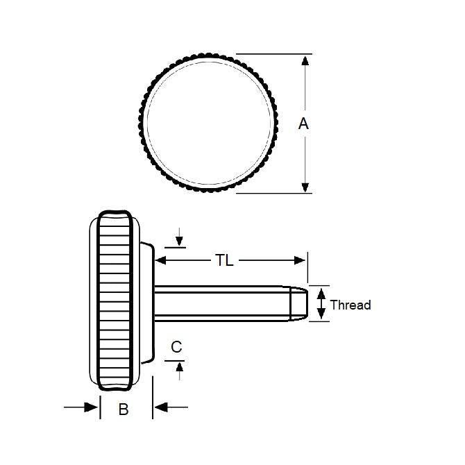1049852 | KM035C-010-0635-KNU-B (9 Pcs) --- Thumb Knobs - 6-32 UNC - 3.5mm - 9.53x6.4 mm Male With Cap Screw - Plastic with Insert Knob