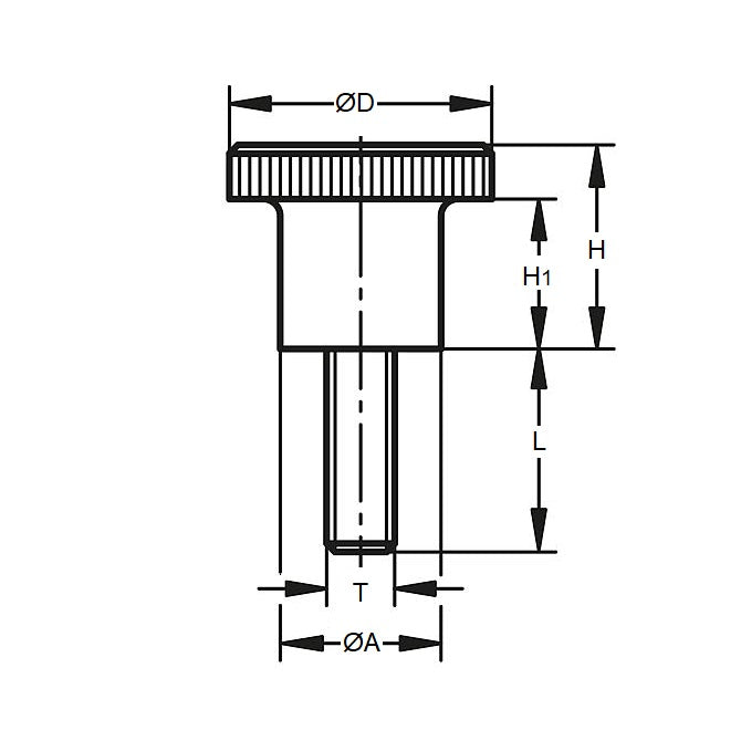 1053077 | KM040M-013-KPC10 --- Knurled Knobs - M4 - 4x0.7mm - 13x10 mm Male - Polypropylene with Steel Shank Knob