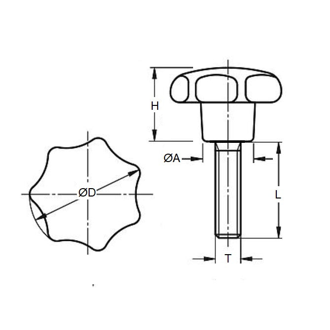 1067535 | KM060M-025-STR-PL --- Star Knobs - M6 - 6x1mm - 25x20 mm Male Plastic - Plastic Knob