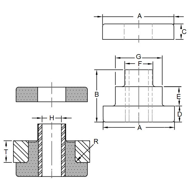 1193432 | MB2-0019-127 --- Bonded Mounts - 127 Kg - 16.7x64.8 mm Tee Bush Two Piece - Rubber Mount