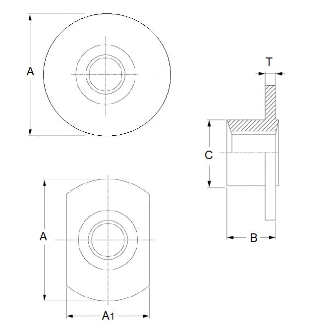 1069732 | NT064C-RW-CS (10 Pcs) --- Weld Steel Nuts - 1/4-20 UNC - 6.35mm - Round Base 19.05 mm