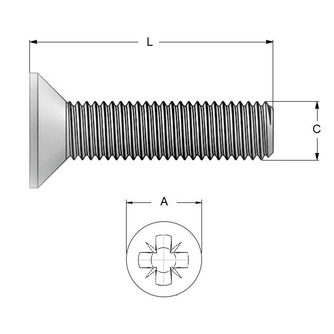 1080966 | SK080M-020-PZ-CZ (100 Pcs) --- Countersunk Screws - M8 - 8x1.25mm - 20 mm - Zinc Plated Steel Pozidrive Screw
