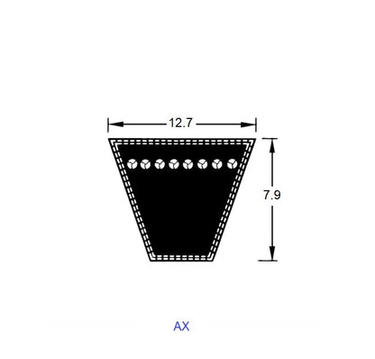 1220759 | BV12-02134-AX84 --- Vee Belts - 2133.6 - 84.0 in. - mm - - - 12.7 x 7.9mm Notched AX - Natural Rubber - Raw Edge Belt