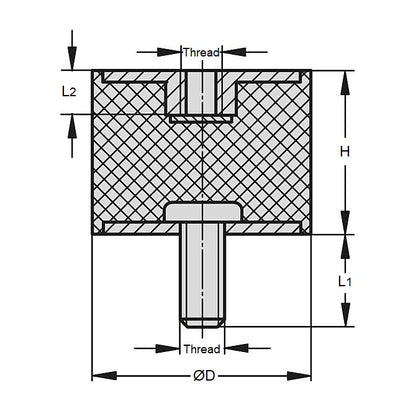 1089315 | CMF010-08-040M-R60 --- Bobbin Mounts - 10x8 mm - M4x0.7 Male to Female - Natural Rubber Mount