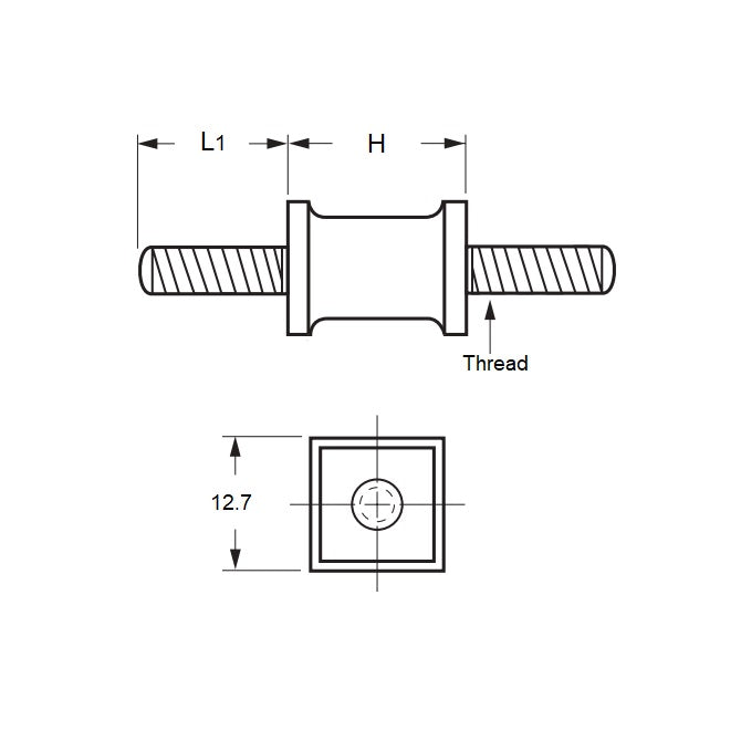 1100749 | CMM013-14-042C-R60SQ --- Square Base Bobbin Mounts - 12.7x14.3 mm - 8-32 UNC - 32 TPI - - Natural Rubber Mount