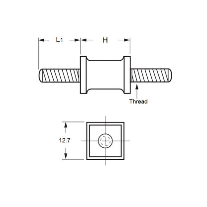 1100749 | CMM013-14-042C-R60SQ --- Square Base Bobbin Mounts - 12.7x14.3 mm - 8-32 UNC - 32 TPI - - Natural Rubber Mount