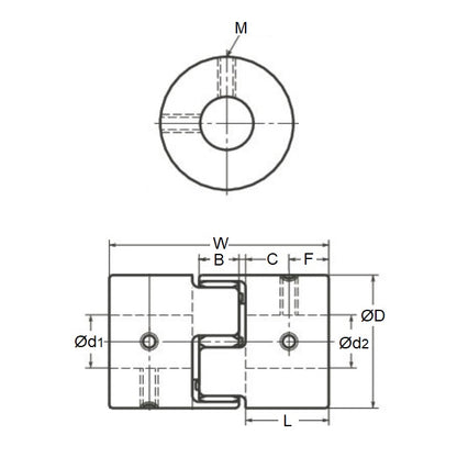 1070139 | CP-064-064-20-030-J-PU92G --- Spider Type C Complete Couplings - 6.35x6.35x20 mm - Aluminium with 92 Duro White Spider Coupling