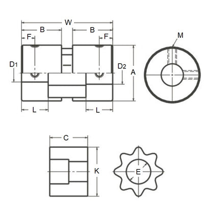 1070156 | CP-064-064-20-034-J-SPLN-X --- Spline Type Couplings - 6.35x6.35x20 mm Complete - Aluminium and Rubber Coupling