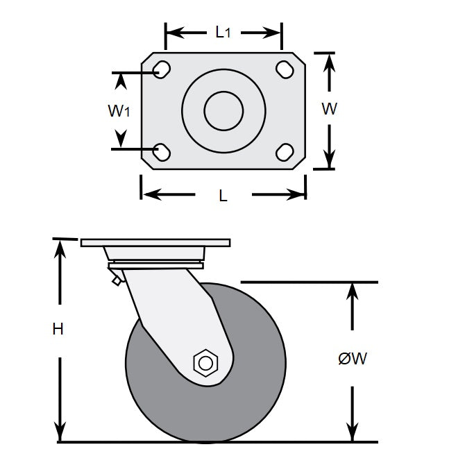 1159937 | RWC-S2710B (2 Pcs) --- Plate Castors - Wheel diameter 50 Swivel with Brake 30 mm - Inst Rubber Castor