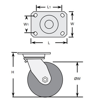 1159937 | RWC-S2710B (2 Pcs) --- Plate Castors - Wheel diameter 50 Swivel with Brake 30 mm - Inst Rubber Castor