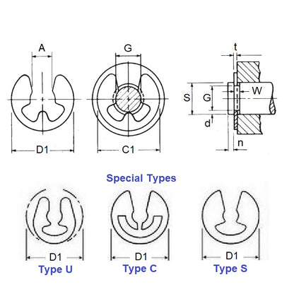 1042897 | ECL-0020-0028-C (PK-100) --- E-Clips Retaining Rings - 2.79x1.98x0.51 mm Basic - Carbon Steel E-Clip