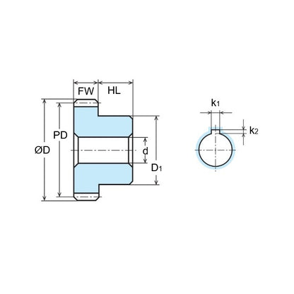 1131122 | G025B-025-M1-080-100P-CGK --- Spur Gears - 25 tooth - 25x10 mm Hubbed - Carbon Steel S45C Gear