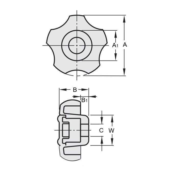 1067989 | KF060M-36-FIT-WBK --- Thumb Knobs - M6 36x20 mm For Hex Head Screw - Plastic Knob