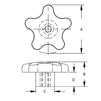 1086869 | KF095C-057-5L-PA --- Lobe Knobs - 3/8-16 UNC - 9.53mm - 57.15x25.4 mm Five Lobe - Steel with Knob Lock