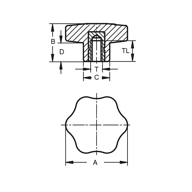 1036193 | KF000-069-6L-ST --- Lobe Knobs - Solid 69.09x24.9 mm Six Lobe - Steel Knob