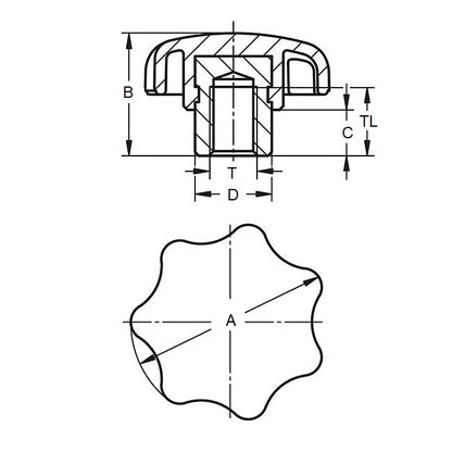 1053696 | KF040M-025-7L-ST --- Lobe Knobs - M4 - 4x0.7mm - 25x10 mm Seven Lobe - Steel Knob