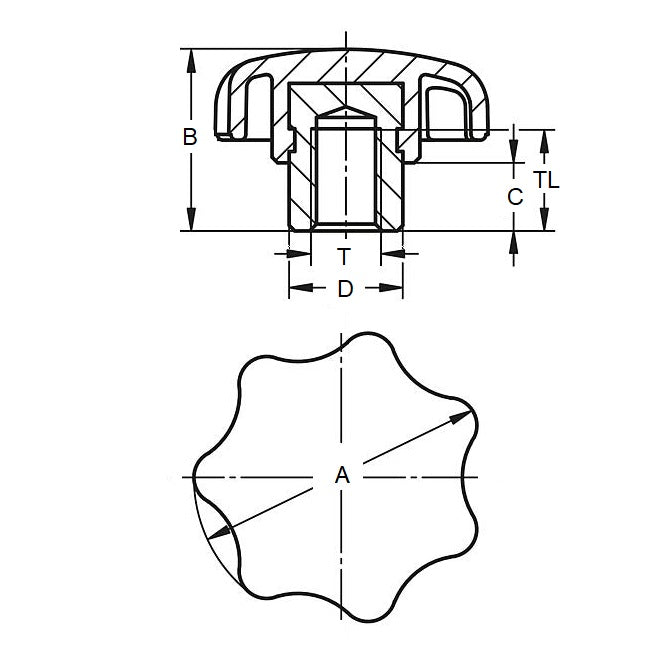 1059286 | KF048F-025-7L-SP --- Lobe Knobs - 10-32 UNF - 4.76mm - 24.89x8.4 mm Seven Lobe - Plated Steel Hub Knob