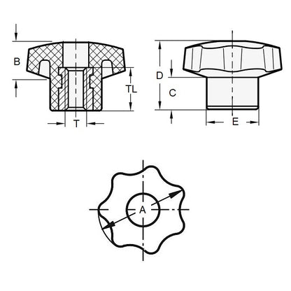 1226299 | KF120M-050-7L-P --- Lobe Knobs - M12 - 12x1.75mm - 50x25 mm Seven Lobe - Brass Knob