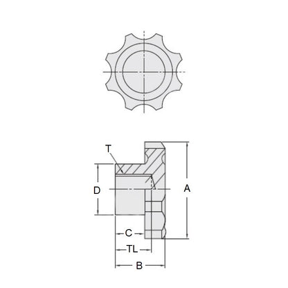 1092097 | KF100M-040-8L --- Lobe Knobs - M10 - 10x1.5mm - 40x17 mm Eight Lobe - Phenolic and Brass Knob