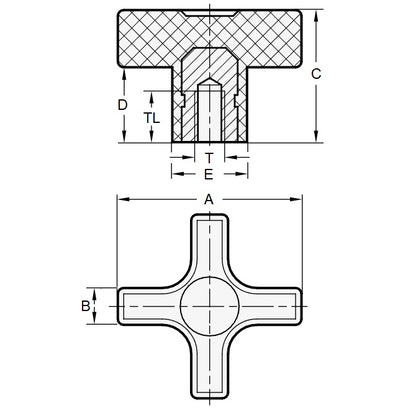 1057453 | KF048C-025-CB (100 Pcs) --- Cross Knobs - 10-24 UNC - 4.76mm - 25.4x9.5 mm Female - Brass Knob
